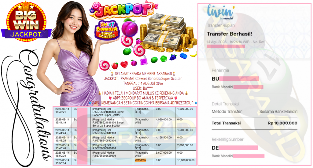 AKSARA4D JACKPOT PRAGMATIC ” Sweet Bonanza Super Scatter ” Rp 10,000,000,- LUNAS