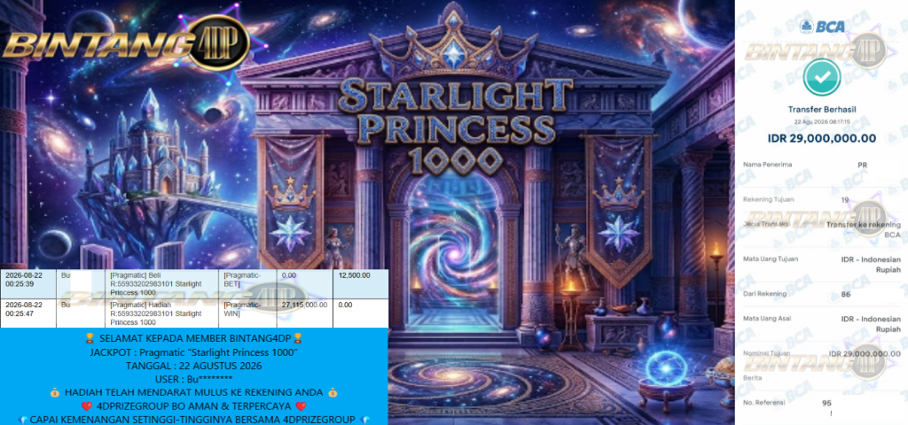 BINTANG4DP JACKPOT PRAGMATIC “Starlight Princess 1000”‎‏‏‎‎ Rp29.000.000,- LUNAS