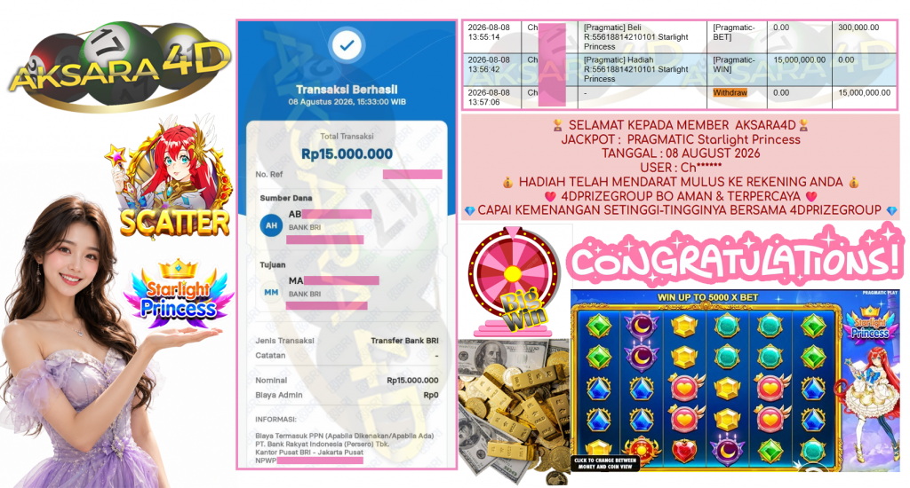 AKSARA4D JACKPOT PRAGMATIC ” Starlight Princess ” Rp 15,000,000,- LUNAS