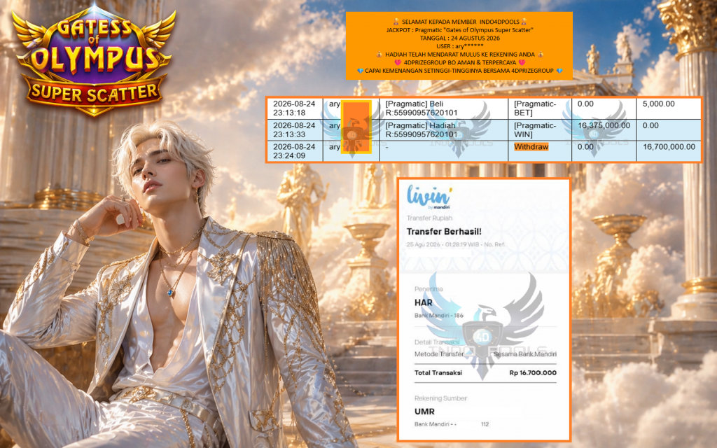 INDO4DPOOLS JACKPOT Pragmatic βGates of Olympus Super Scatterβ Rp16.700.000,- LUNAS