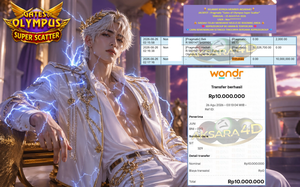 AKSARA4D JACKPOT PRAGMATIC “Gates of Olympus Super Scatter” Rp10.000.000,- LUNAS