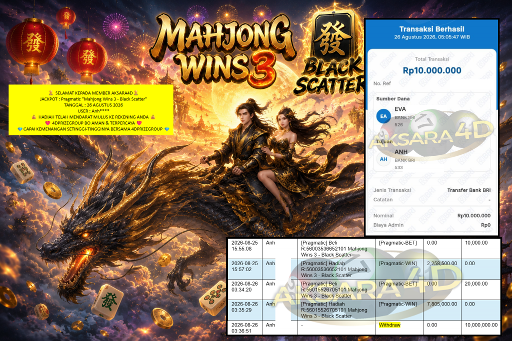 AKSARA4D JACKPOT PRAGMATIC “Mahjong Wins 3 – Black Scatter” Rp10.000.000,- LUNAS