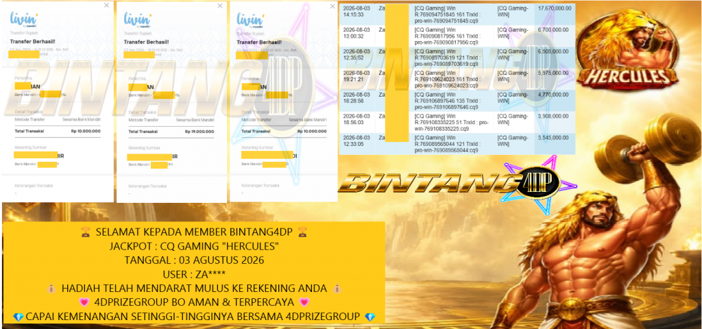 BINTANG4DP JACKPOT CQ GAMING “HERCULES” Rp39.000.000,- LUNAS