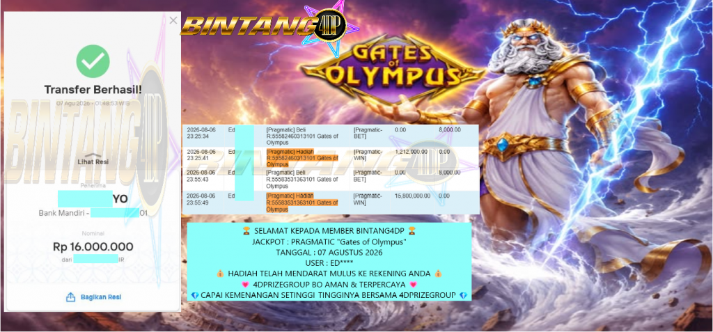 BINTANG4DP JACKPOT PRAGMATIC SLOT “Gates of Olympus” ‎‏‏‎Rp 16.000.000,- LUNAS