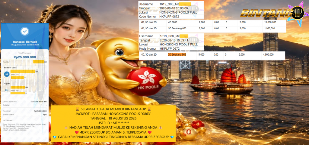 BINTANG4DP JACKPOT PASARAN HONGKONG POOLS “0863” Rp 25.000.000,- LUNAS