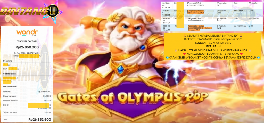 BINTANG4DP JACKPOT PRAGMATIC βGates of Olympus POPβ Rp 26.850.000,- LUNAS