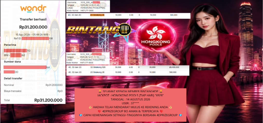 BINTANG4DP JACKPOT PASARAN HONGKONG POOLS (TIAP HARI) “6928”‌‌‌‎ Rp 31.200.000,- LUNAS
