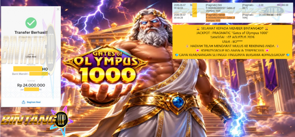 BINTANG4DP JACKPOT PRAGMATIC SLOT “Gates of Olympus 1000” ‎‏‏‎Rp 24.000.000,- LUNAS