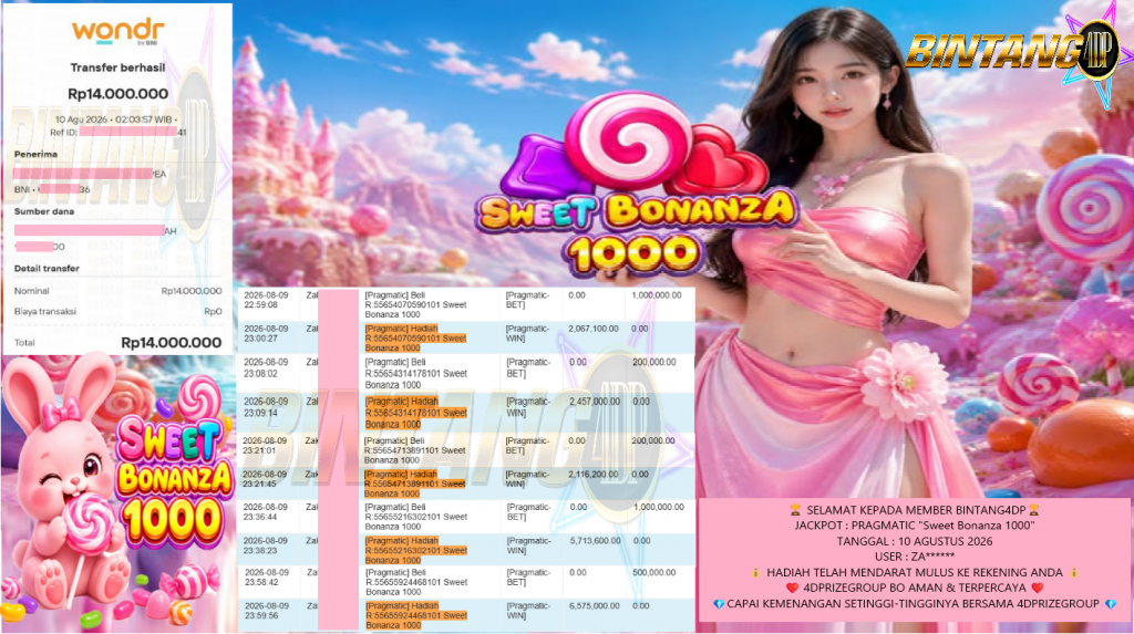 BINTANG4DP JACKPOT PRAGMATIC “Sweet Bonanza 1000” Rp14.000.000,- LUNAS