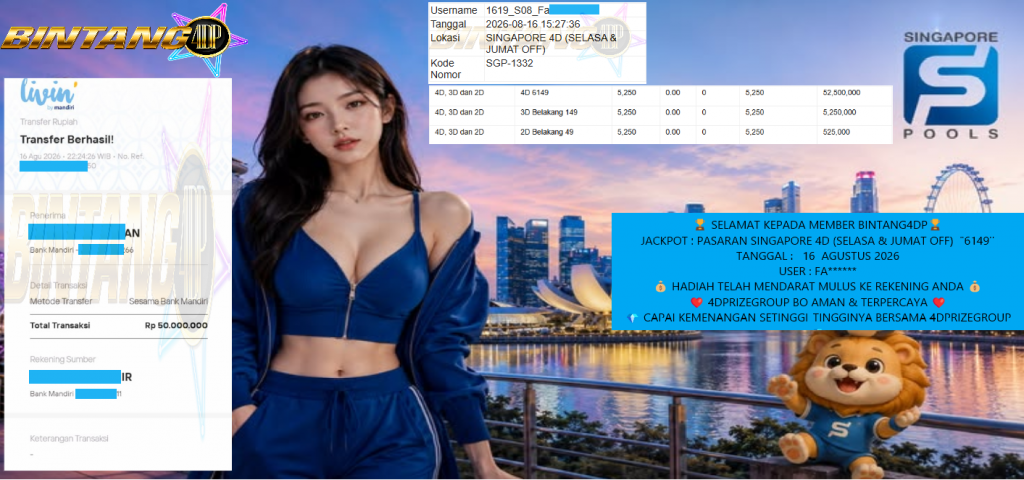BINTANG4DP JACKPOT PASARAN SINGAPORE 4D (SELASA & JUMAT OFF) “6149” Rp 50.000.000,- LUNAS