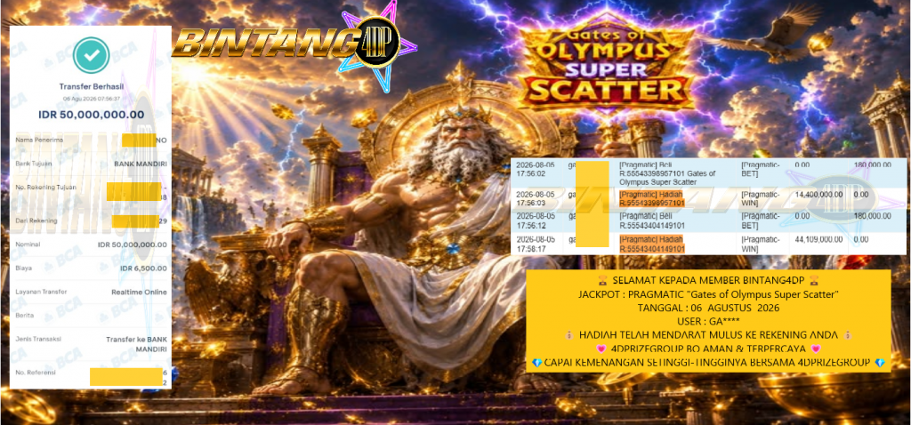 BINTANG4DP JACKPOT SLOT PRAGMATIC “Gates of Olympus Super Scatter” Rp 50.000.000,- LUNAS