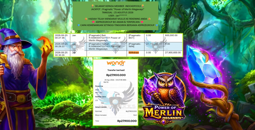 INDO4DPOOLS JACKPOT Pragmatic “Power of Merlin Megaways” Rp27.900.000,- LUNAS