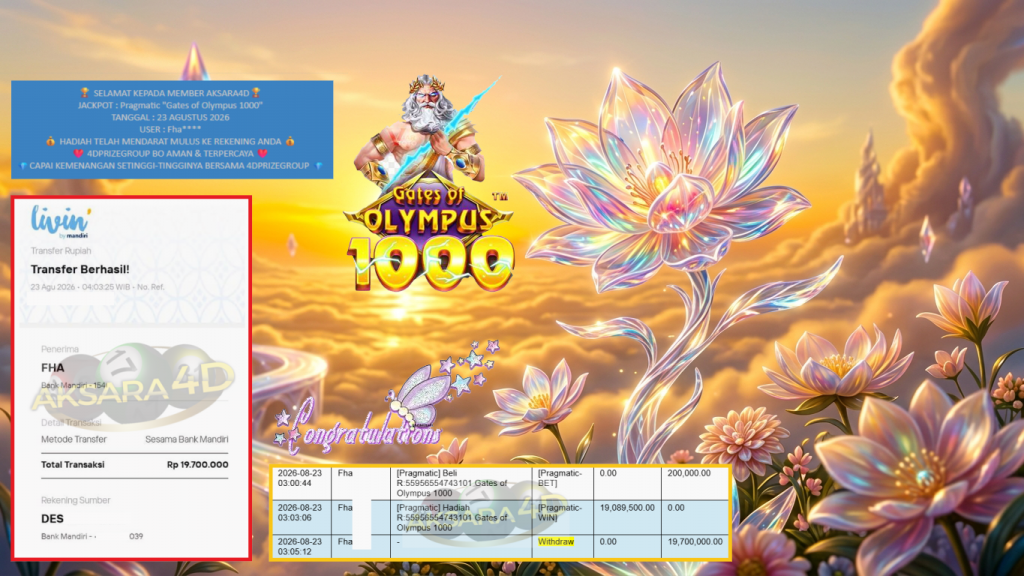 AKSARA4D JACKPOT PRAGMATIC “Gates of Olympus 1000″ Rp19.700.000,- LUNAS