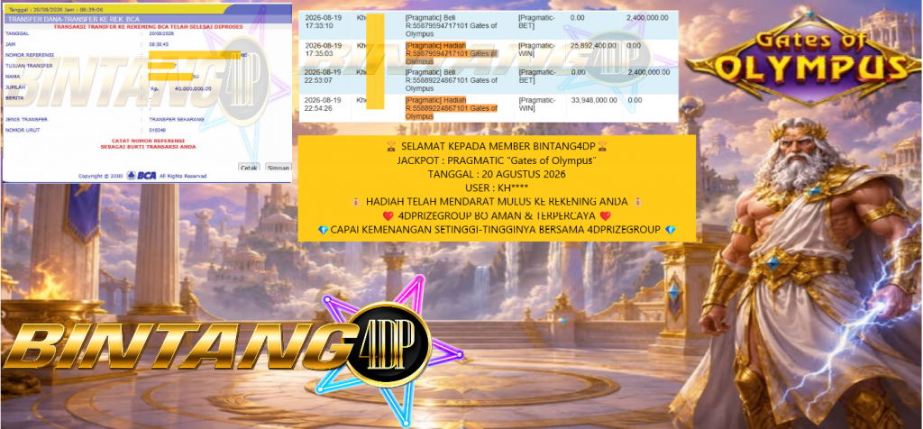 BINTANG4DP JACKPOT PRAGMATIC “Gates of Olympus” Rp40.000.000,- LUNAS