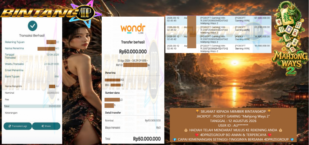 BINTANG4DP JACKPOT PRAGMATIC PGSOFT GAMING “Mahjong Ways 2” Rp 100.000.000,- LUNAS