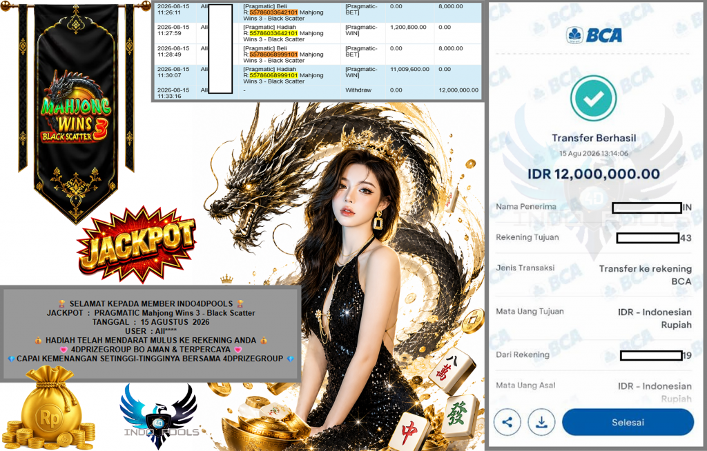 INDO4DPOOLS JACKPOT PRAGMATIC “Mahjong Wins 3 – Black Scatter” Rp12.000.000,- LUNAS