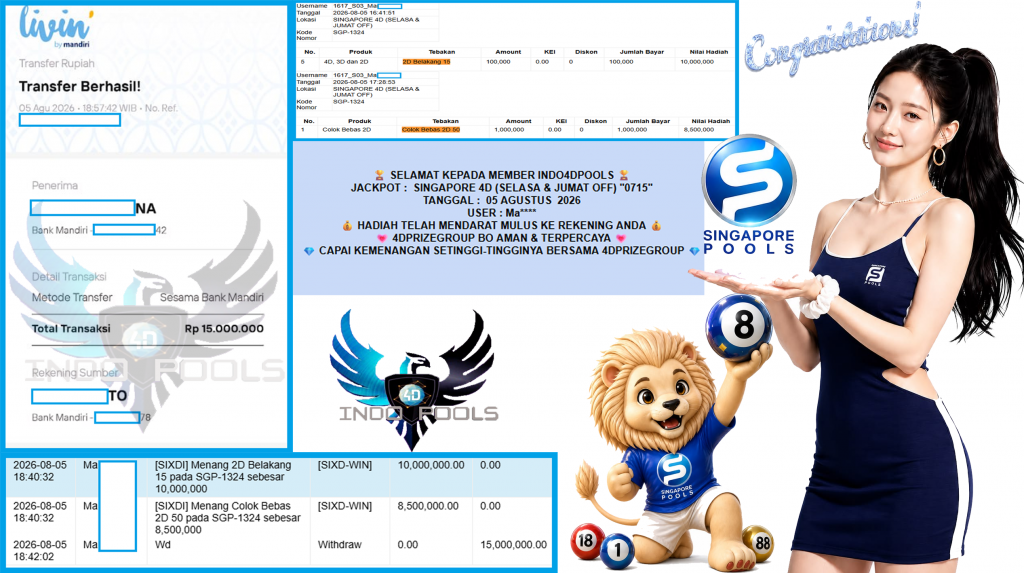 INDO4DPOOLS JACKPOT SINGAPORE 4D (SELASA & JUMAT OFF) β0715βββββ Rp15.000.000,- LUNAS