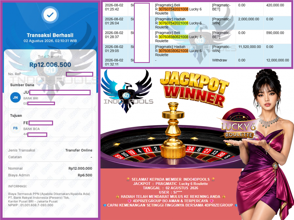 INDO4DPOOLS JACKPOT PRAGMATIC ” Lucky 6 Roulette” Rp12.000.000,- LUNAS