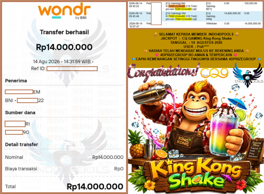 INDO4DPOOLS JACKPOT CQ GAMING โKing Kong Shakeโ Rp14.000.000,- LUNAS