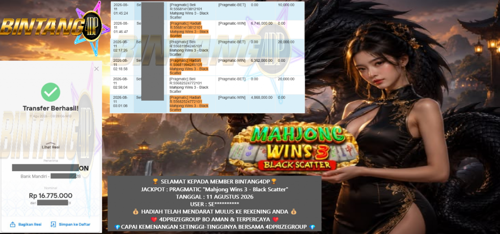 BINTANG4DP JACKPOT PRAGMATIC “Mahjong Wins 3 – Black Scatter” Rp16.775.000,- LUNAS