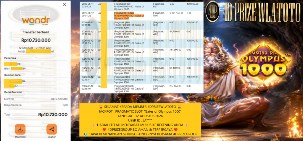 4DPRIZEWLATOTO JACKPOT PRAGMATIC SLOT βGates of Olympus 1000β Rp10.730.000,- LUNAS