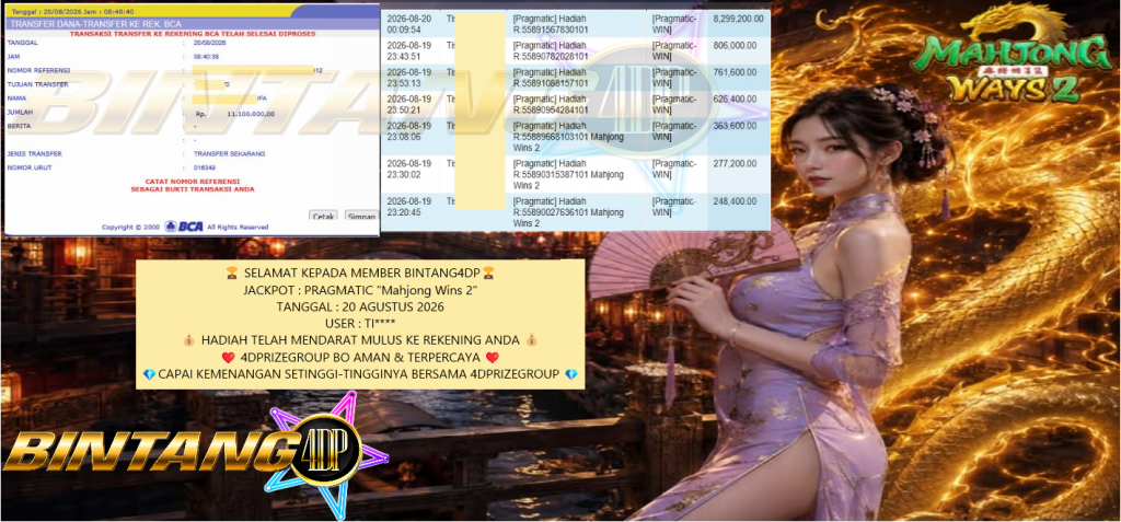 BINTANG4DP JACKPOT PRAGMATIC “Mahjong Wins 2” Rp11.100.000,- LUNAS