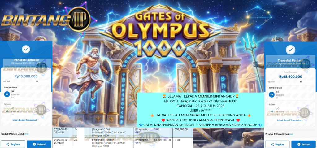 BINTANG4DP JACKPOT PRAGMATIC “Gates of Olympus 1000” Rp37.600.000,- LUNAS