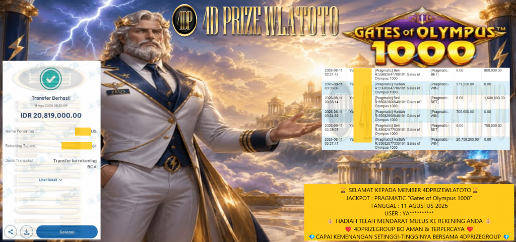 4DPRIZEWLATOTO JACKPOT PRAGMATIC “Gates of Olympus 1000” Rp20.819.000,- LUNAS