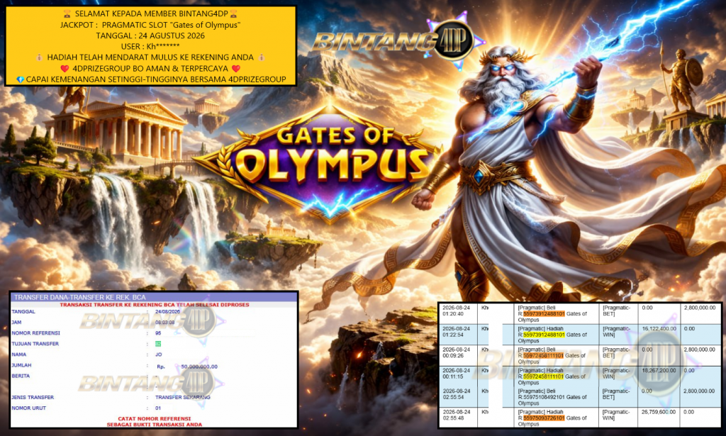 BINTANG4DP JACKPOT PRAGMATIC SLOT “Gates of Olympus” Rp50.000.000,- LUNAS