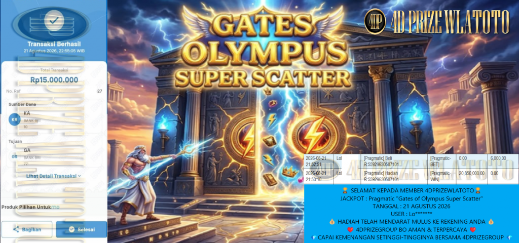 4DPRIZEWLATOTO JACKPOT PRAGMATIC “Gates of Olympus Super Scatter”‎‏‏‎‎ Rp15.000.000,- LUNAS