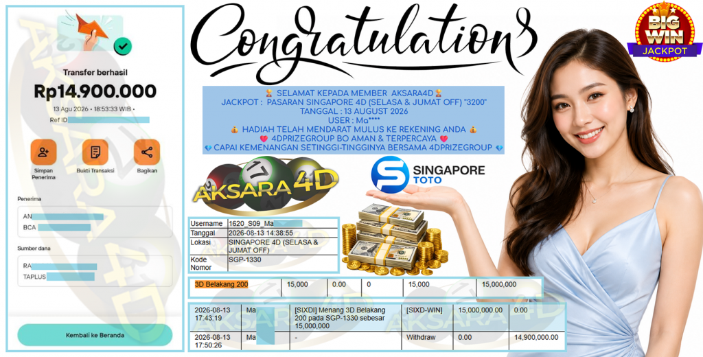 AKSARA4D JACKPOT PASARAN ” SINGAPORE 4D (SELASA & JUMAT OFF) ”3200” ” Rp 14,900,000,- LUNAS