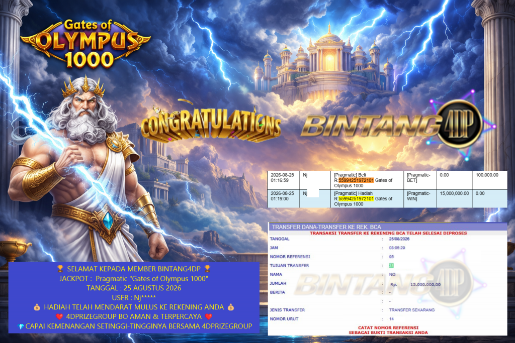 BINTANG4DP JACKPOT Pragmatic “Gates of Olympus 1000” Rp15.000.000,- LUNAS