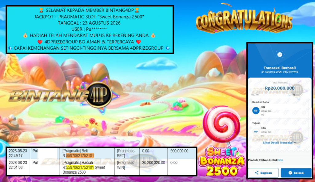 BINTANG4DP JACKPOT Pragmatic “Sweet Bonanza 2500” Rp20.000.000,- LUNAS