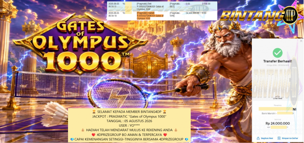BINTANG4DP JACKPOT PRAGMATIC “Gates of Olympus 1000” Rp 24.000.000,- LUNAS