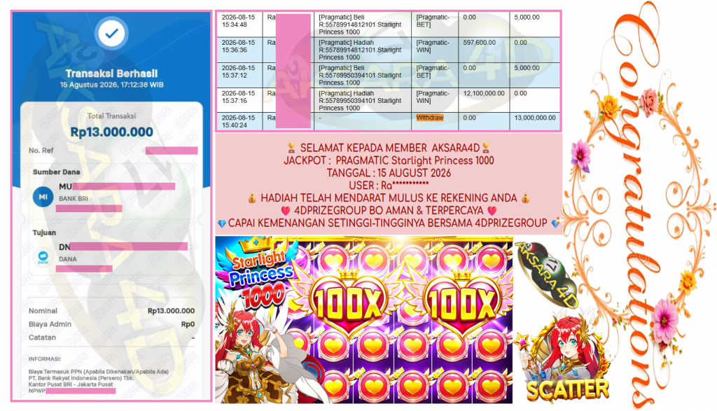 AKSARA4D JACKPOT PRAGMATIC ” Starlight Princess 1000 ” Rp 13,000,000,- LUNAS