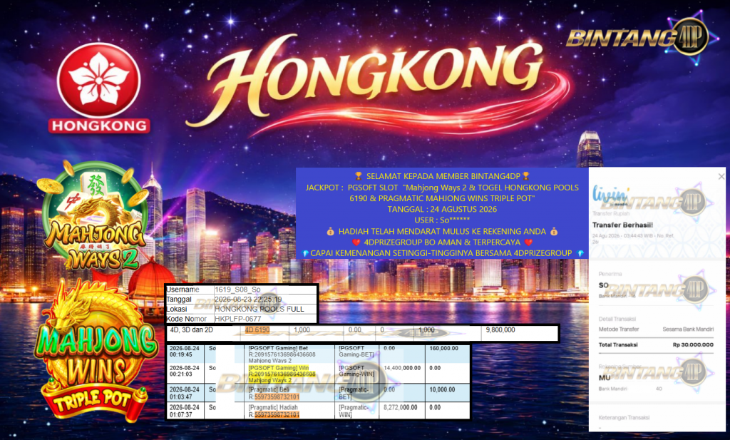 BINTANG4DP JACKPOT PGSOFT SLOT “Mahjong Ways 2 & TOGEL HONGKONG POOLS 6190 & PRAGMATIC MAHJONG WINS TRIPLE POT” Rp30.000.000,- LUNAS