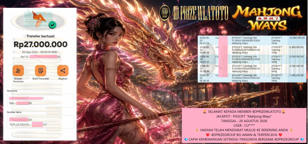 4DPRIZEWLATOTO JACKPOT PGSOFT “Mahjong Ways” Rp27.000.000,- LUNAS