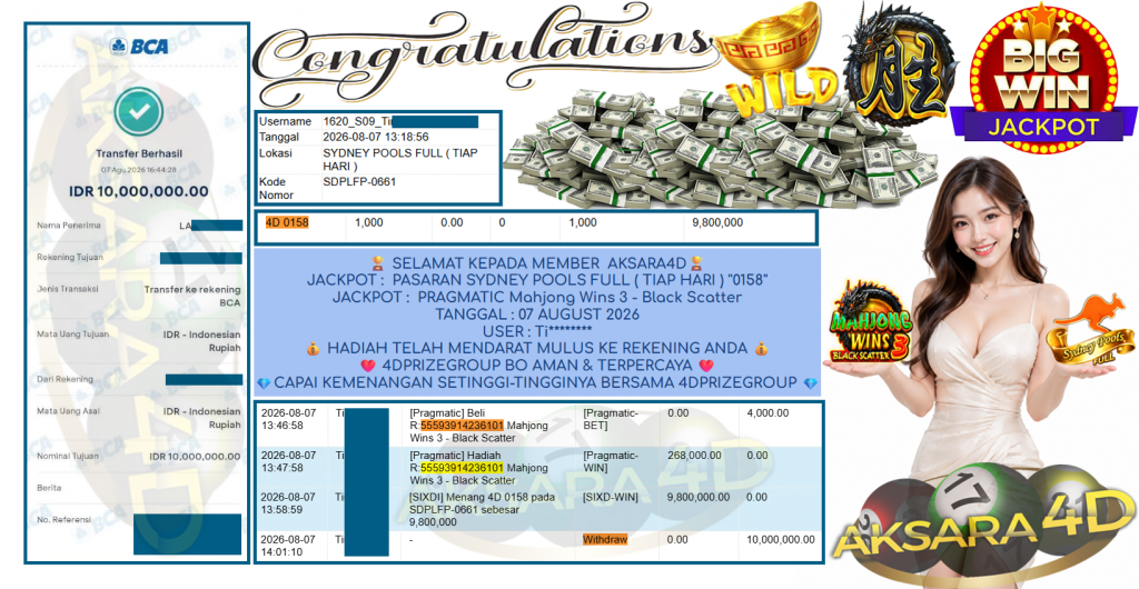 AKSARA4D JACKPOT PASARAN ” SYDNEY POOLS FULL ( TIAP HARI ) ” 0158 ” JACKPOT PRAGMATIC ” Mahjong Wins 3 – Black Scatter ” Rp 10,000,000,- LUNAS