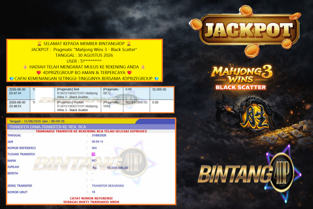 BINTANG4DP JACKPOT : Pragmatic “Mahjong Wins 3 – Black Scatter” Rp50.000.000,- LUNAS