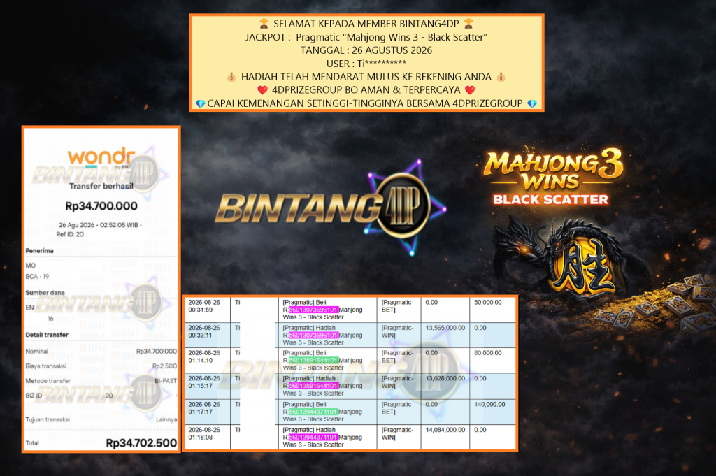 BINTANG4DP JACKPOT Pragmatic “Mahjong Wins 3 – Black Scatter”‎‏‏‎‎ Rp34.700.000,- LUNAS