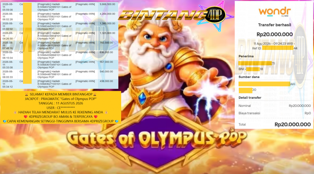 BINTANG4DP JACKPOT PRAGMATIC βGates of Olympus POPβ Rp20.000.000,- LUNAS