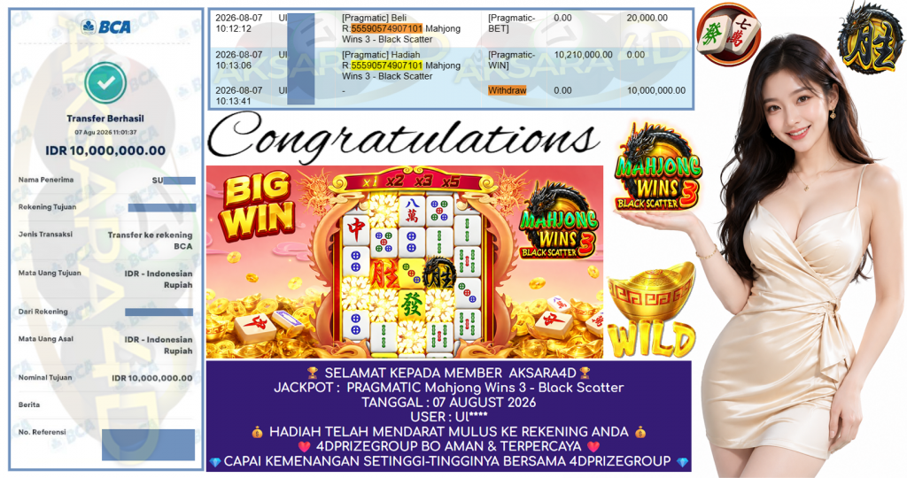 AKSARA4D JACKPOT PRAGMATIC ” Mahjong Wins 3 – Black Scatter ” Rp 10,000,000,- LUNAS