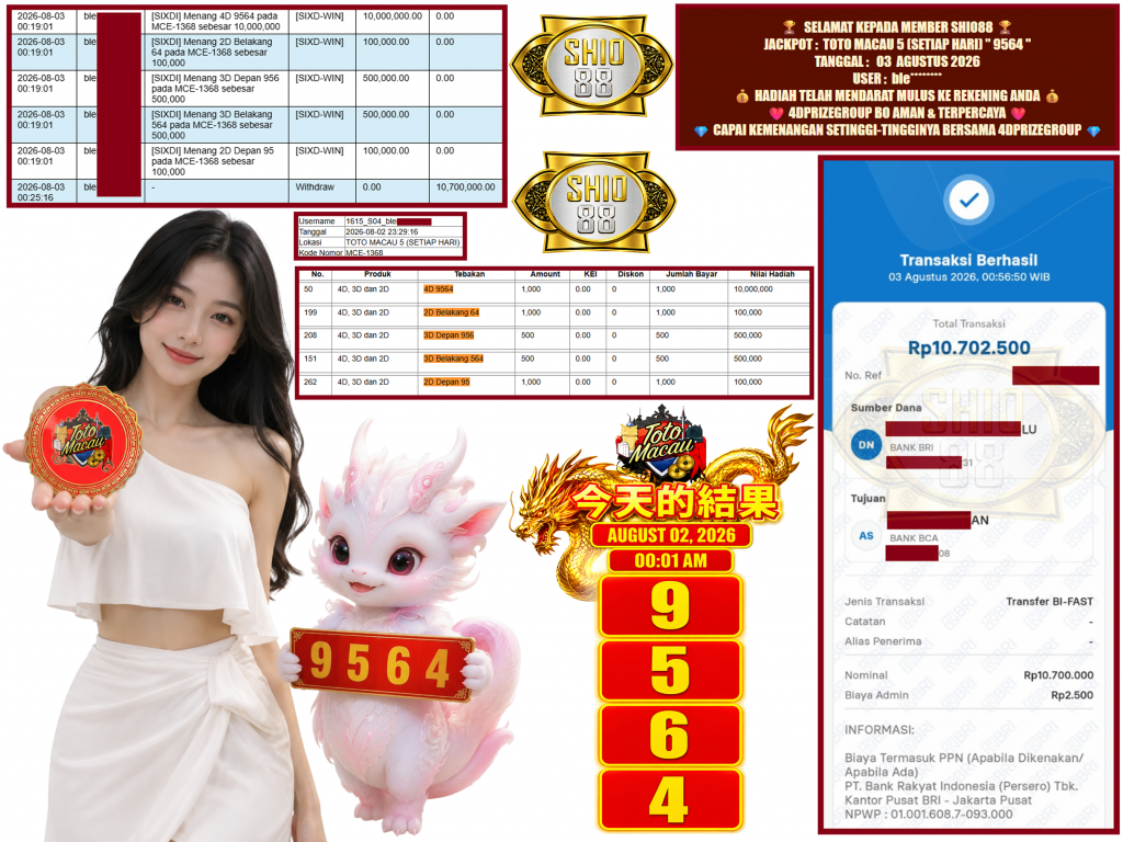 SHIO88 JACKPOT TOTO MACAU 5 (SETIAP HARI) ” 9564 ” Rp.10.700.000 ,- LUNAS