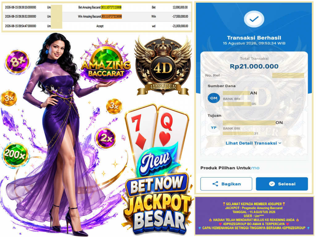 4DSUPER JACKPOT PRAGMATIC LIVE GAME ” Amazing Baccarat ” Rp.21.000.000,- LUNAS