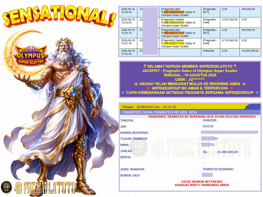 4DPRIZEWLATOTO JACKPOT PRAGMATIC “Gates of Olympus Super Scatter” Rp.10.000.000,-LUNAS