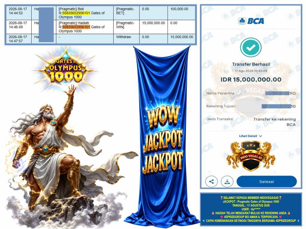 INDOVEGAS4D JACKPOT PRAGMATIC βGates of Olympus 1000β Rp.15.000.000,-LUNAS