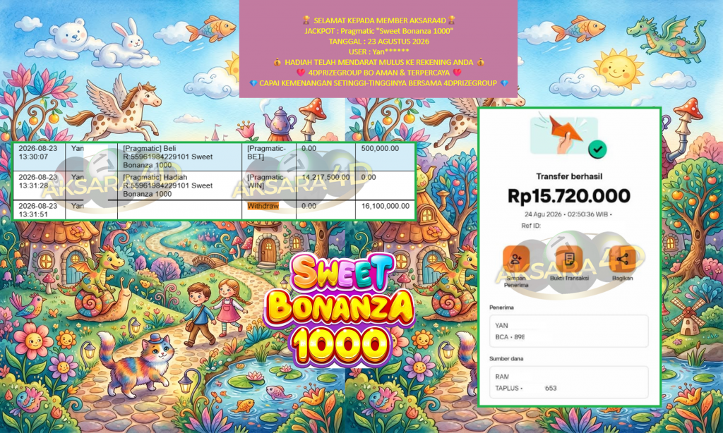AKSARA4D JACKPOT Pragmatic “Sweet Bonanza 1000” Rp15.720.000,- LUNAS