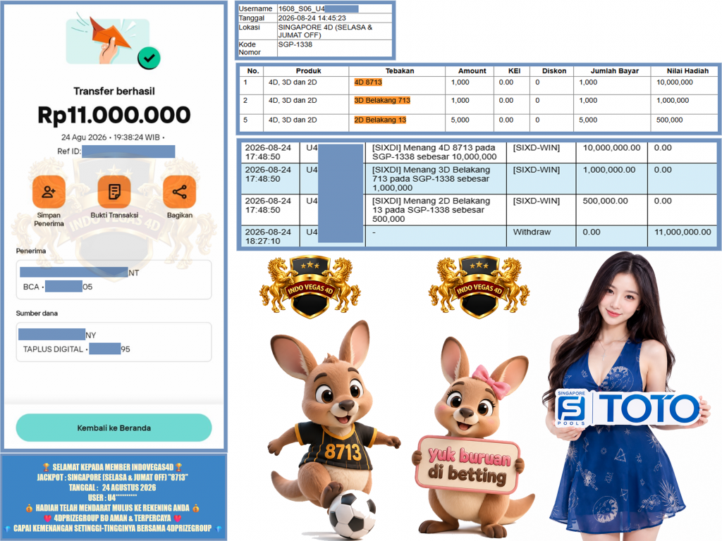 INDOVEGAS4D JACKPOT SINGAPORE (SELASA & JUMAT OFF) “8713” Rp.11.000.000 ,- LUNAS