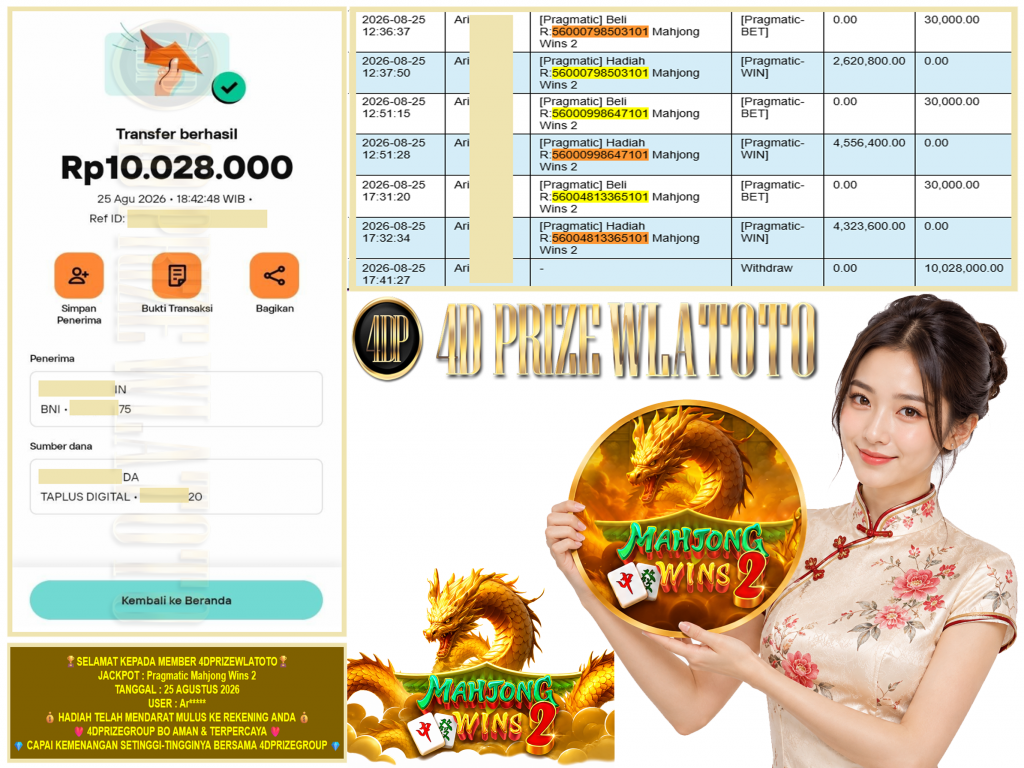 4DPRIZEWLATOTO JACKPOT PRAGMATIC “Mahjong Wins 2” Rp.10.028.000,-LUNAS