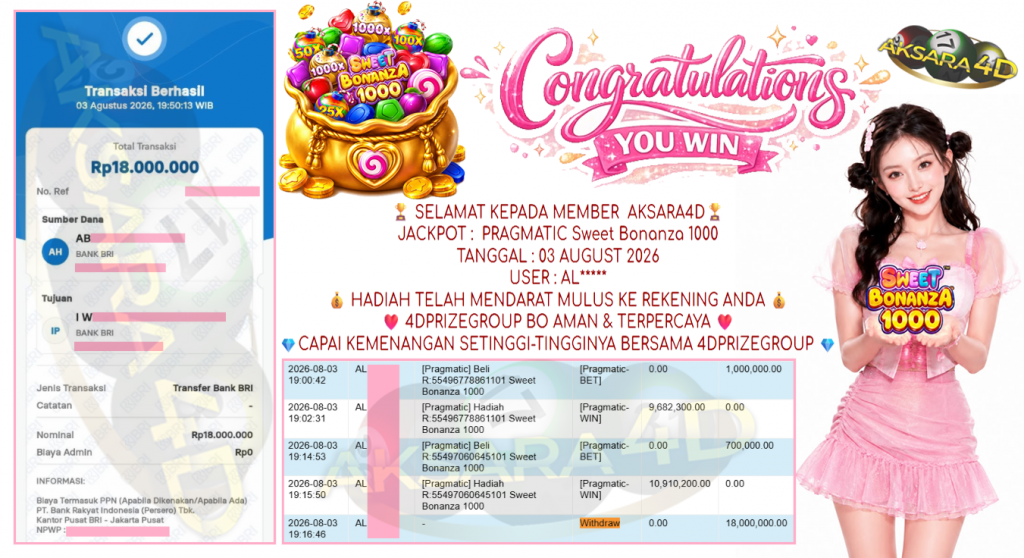AKSARA4D JACKPOT PRAGMATIC ” Sweet Bonanza 1000 ” Rp 18,000,000,- LUNAS